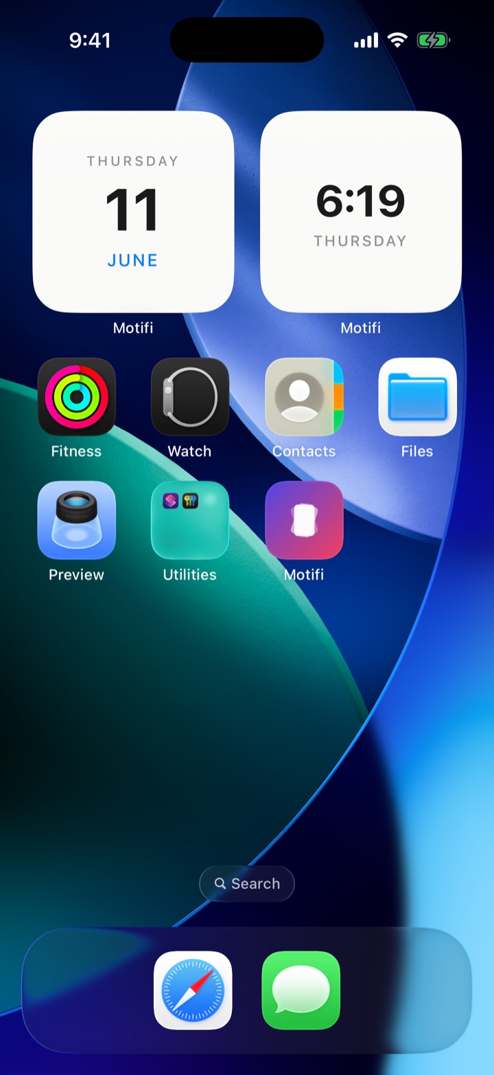 iPhone home screen with Motifi widgets, real app icons, and the dock